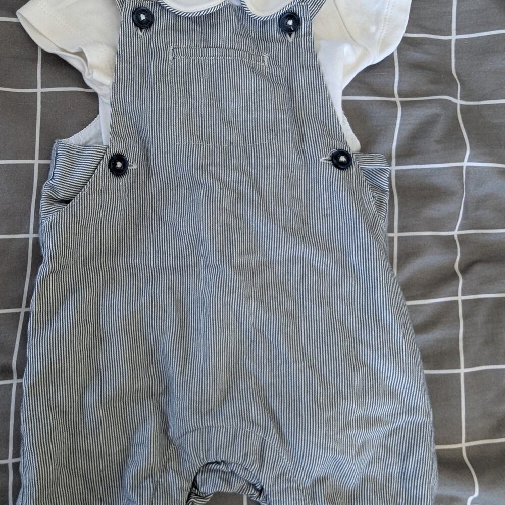 Ticking striped cotton overalls set